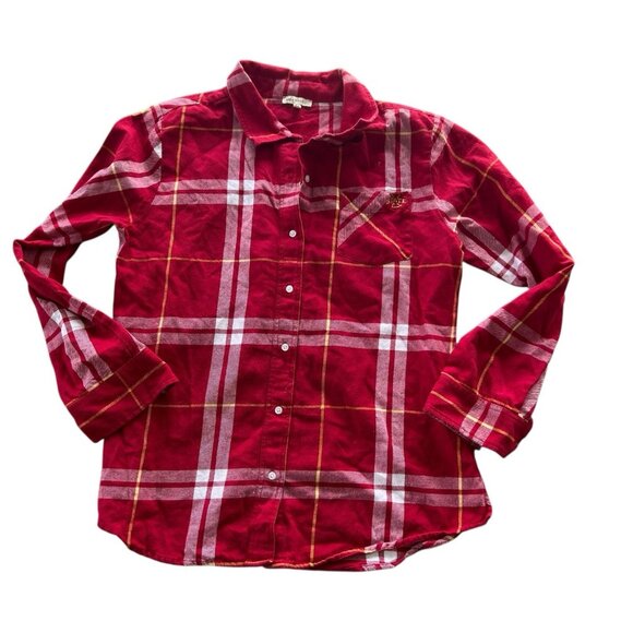UG Apparel OU Women’s Plaid Flannel Shirt Sz Large red Preppy Iowa State Logo - Picture 1 of 9